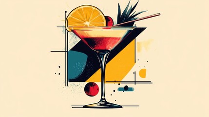 Mid Century Modern Cocktail: A vibrant illustration of a classic cocktail garnished with orange and cherry, set against a geometric background.