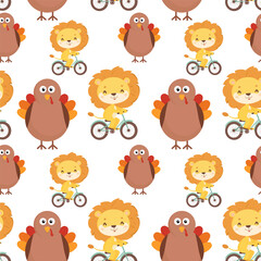 Seamless cartoon pattern with cute lions riding bicycles and red birds walking beside them on a white background in playful children’s style