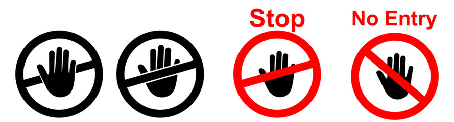 Set of Stop street icon collection. Stop hand sign with text. Red stop sign. Vector Illustration.