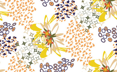 Red, purple, brown, elements in the form of stylized plants, spots, rhombuses, ovals form a seamless pattern for postcards, presentations, textiles, websites.