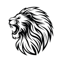 Roaring Lion Head Profile, Monochrome Black and White Silhouette, Feline Predator, Power