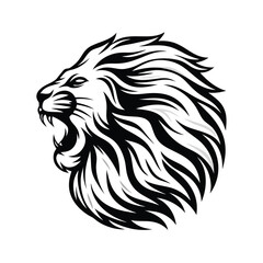 Roaring Lion Head Black and White Silhouette, Aggressive Feline, Animal
