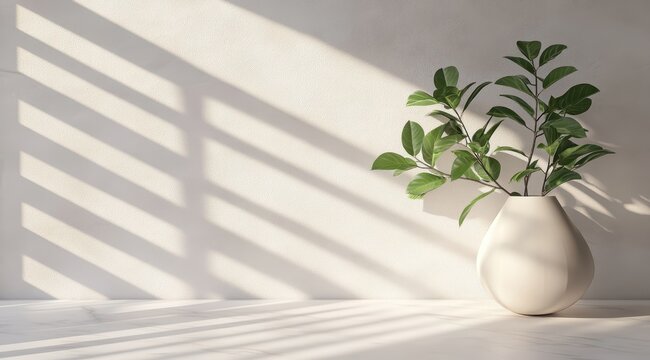 Minimalist scene  White vase with green plant sits on a light surface against a textured wall, sunlit with window slat shadows