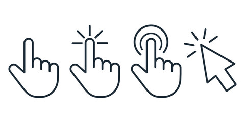 Clicking cursor, pointing hand clicks. Vector linear icon illustration isolated on white background.