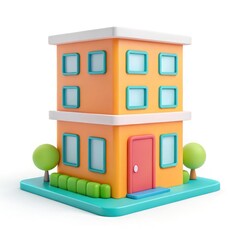 Fototapeta premium Cartoon two story building with trees and landscaping