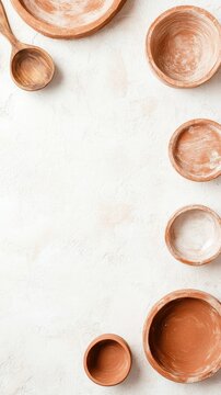 Terracotta kitchenware lies on a rough textured background. Bowl shape, spoon. Rustic arrangement. Top view. Blank space for design purposes. Kitchen utensils.