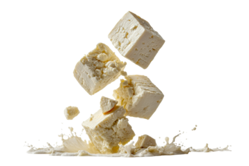 PNG Floating tofu cubes splashing into soy milk on black background