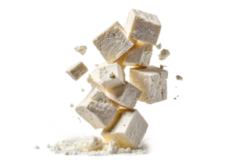 PNG Floating cubes of white crumbled feta cheese on black background