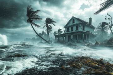 Fototapeta na wymiar Stormy scene with battered house surrounded by raging waves and