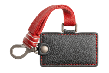 PNG Leather keychain with red fabric loop and metal clasp