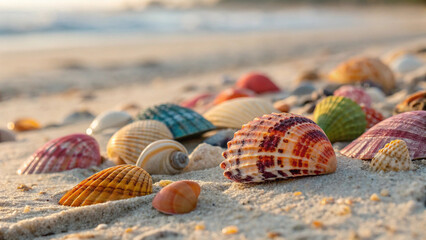 A collection of brightly colored seashells is meticulously arranged in a line on a sandy beach, possibly for a decorative purpose