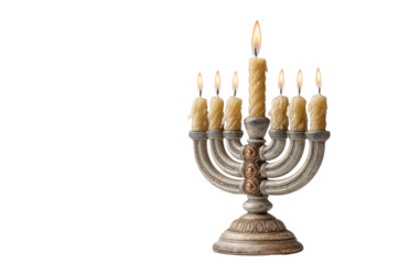 PNG Vintage menorah with lit candles on black background