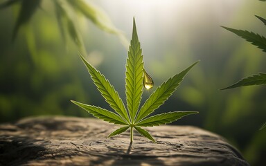A single cannabis leaf stands prominently, adorned with a glistening resin drop, set against a blurred backdrop of lush green foliage