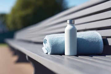 Fresh towel and bottle on bench create refreshing atmosphere for