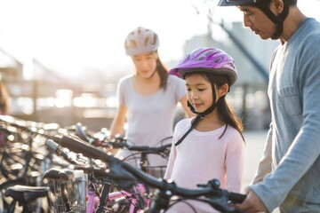 Obraz premium Asian Family Securing Bicycles Before Sightseeing in Urban Park