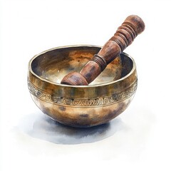 Artistic Watercolor Rendering of Singing Bowl and Wooden Mallet