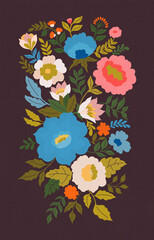 Colorful Folk Floral Bouquet Flat Vector Illustration of Decorative Vintage Flowers for Textile, Print, and Greeting Design. © ArinaKram