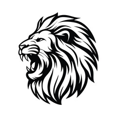 Roaring Lion Head Black and White with Aggressive Mane and Open Mouth
