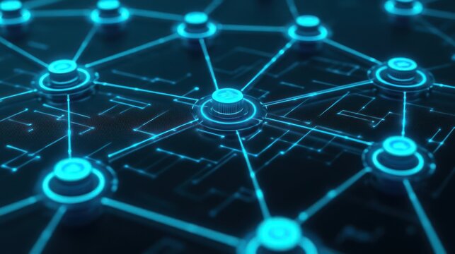 Futuristic blockchain network with glowing nodes and connections.