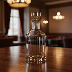 Elegant Glass Decanter on a Wooden Table in a Restaurant