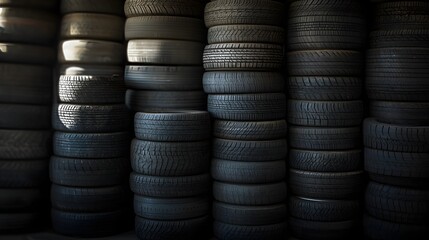 Obraz premium A close up view of numerous black tires piled high in a storage facility