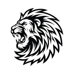 Roaring Lion Head Mascot, Aggressive Feline Silhouette, Black and White