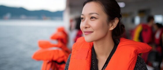 Asian Female Traveler at Ferry Safety Briefing with Ocean View
