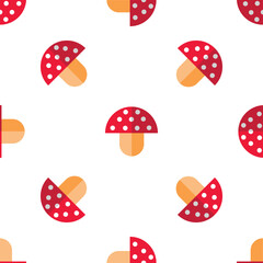 Seamless pattern with cute red mushrooms with white spots on a white background