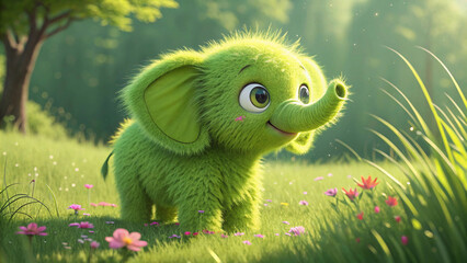 a bright green furry baby elephant with big eyes