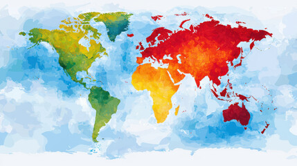 Digital map of world showcasing vibrant colors representing different regions, with watercolor effect that adds depth