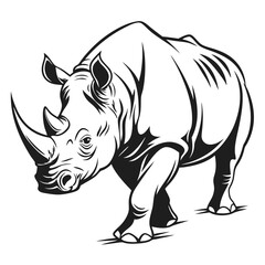 Monochrome of Walking Rhinoceros with Bold Lines and Detailed Textures