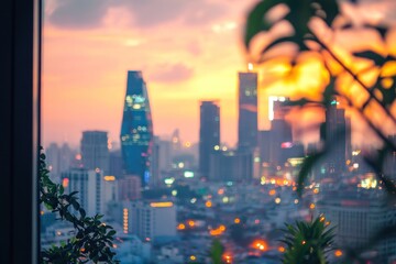 Golden Hour Cityscape: A Sunset View Through Foliage