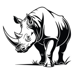Silhouette of a Rhinoceros, Detailed Black and White Illustration, Wildlife Art