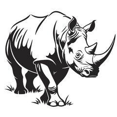 Monochrome Rhinoceros Detailed Wildlife Silhouette with Twin Horns and Grass Elements