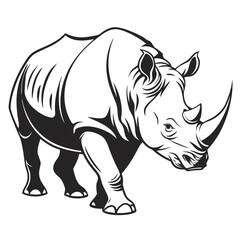 Strong Black Silhouette of Walking Rhinoceros, Wildlife on White Background