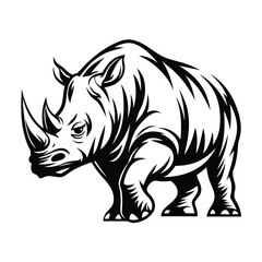 Bold Black Silhouette of a Rhinoceros with Detailed Texture & Horns on White