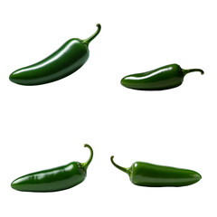 Vibrant Green Jalape?os: A Close-Up View of Four Isolated Peppers, Showing Their Shiny Texture and Curves; A Culinary Delight, Ready for Cooking and Adding Zest.