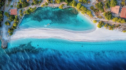 Aerial view of a secluded cove with turquoise waters and sandy beach.