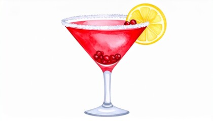 Pomacello martini cocktail with lemon slice and sugar rim. Watercolor illustration
