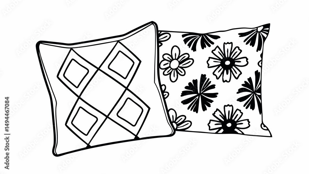 Poster two decorative pillows with geometric and floral patterns in black and white line art style design c