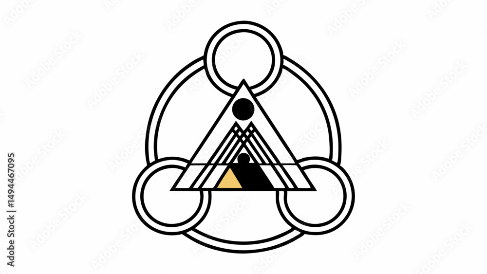 Poster geometric design with circles and triangles featuring black and gold color accents in a symmetrical 