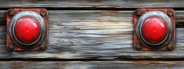 Rustic red buttons mounted on weathered wooden planks.