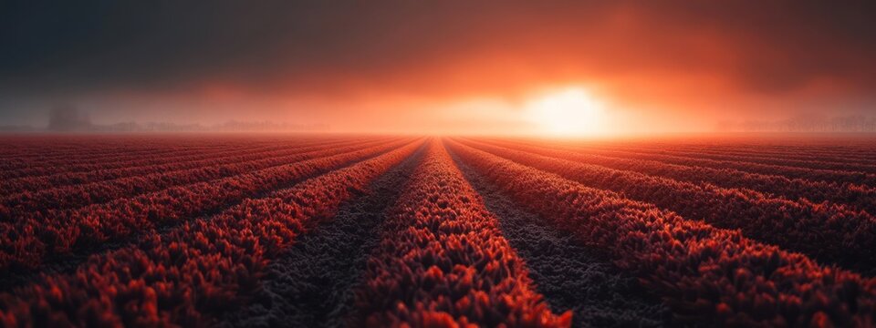 Vibrant red field at sunrise, dramatic lighting, expansive view.