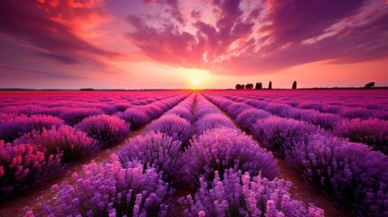 Obraz premium Purple lavender field at sunset, vibrant colors, peaceful landscape.