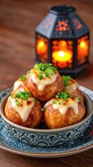 Fototapeta premium gourmet food collection with cinematic lighting Delicious mini snacks topped with creamy sauce. cinematic gourmet food set