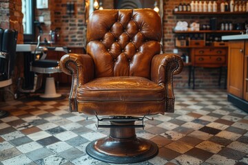 Vintage brown leather barber chair in a retro-styled barbershop.
