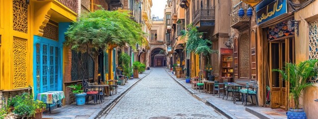 Fototapeta premium Charming Cairo alleyway with vibrant colors and lush greenery.