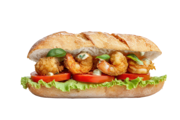 PNG Delicious shrimp po' boy sandwich with lettuce, tomato, and fresh basil