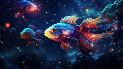 Colorful fish swimming in a cosmic underwater scene filled with stars and nebulae under a vibrant purple and blue galaxy backdrop