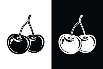 Cherry Logo Icon. Simple Silhouette on Black and White Background